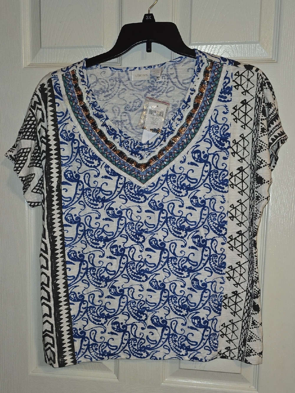 Chico's Blue and Black Patterned V-Neck Short‎ Sleeve Top with Beaded Trim